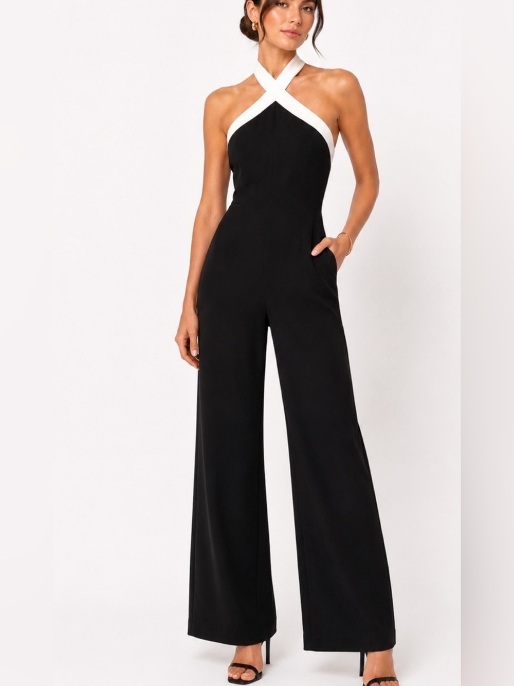 superdown Black Halter Wide-Leg Jumpsuit with White Trim